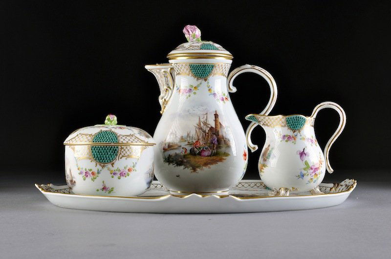 AN ASSEMBLED MEISSEN FOUR PIECE POLYCHROME PAINTED: AN ASSEMBLED MEISSEN FOUR PIECE POLYCHROME PAINTED PARTIAL COFFEE SERVICE, UNDERGLAZE BLUE CROSSED SWORDS WITH PARTIALLY REMOVED SECOND CHOICE INCISED MARKS, 19TH CENTURY, each with parcel gilding and
