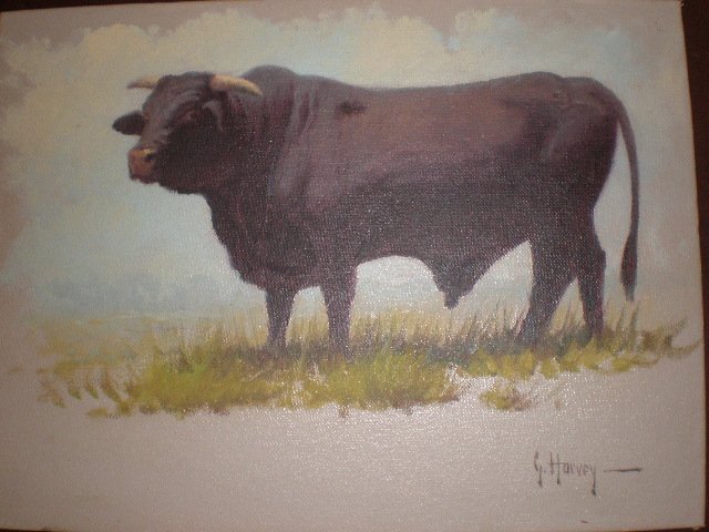 G. (GERALD HARVEY JONES) HARVEY (American/Texas b.: G. (GERALD HARVEY JONES) HARVEY (American/Texas b. 1933) A PAINTING, "Mr. Wortham's Prized Santa Gertrudis Bull," oil on canvasboard, signed L/R. 9" x 12". NOTE: This painting was deaccessioned from t