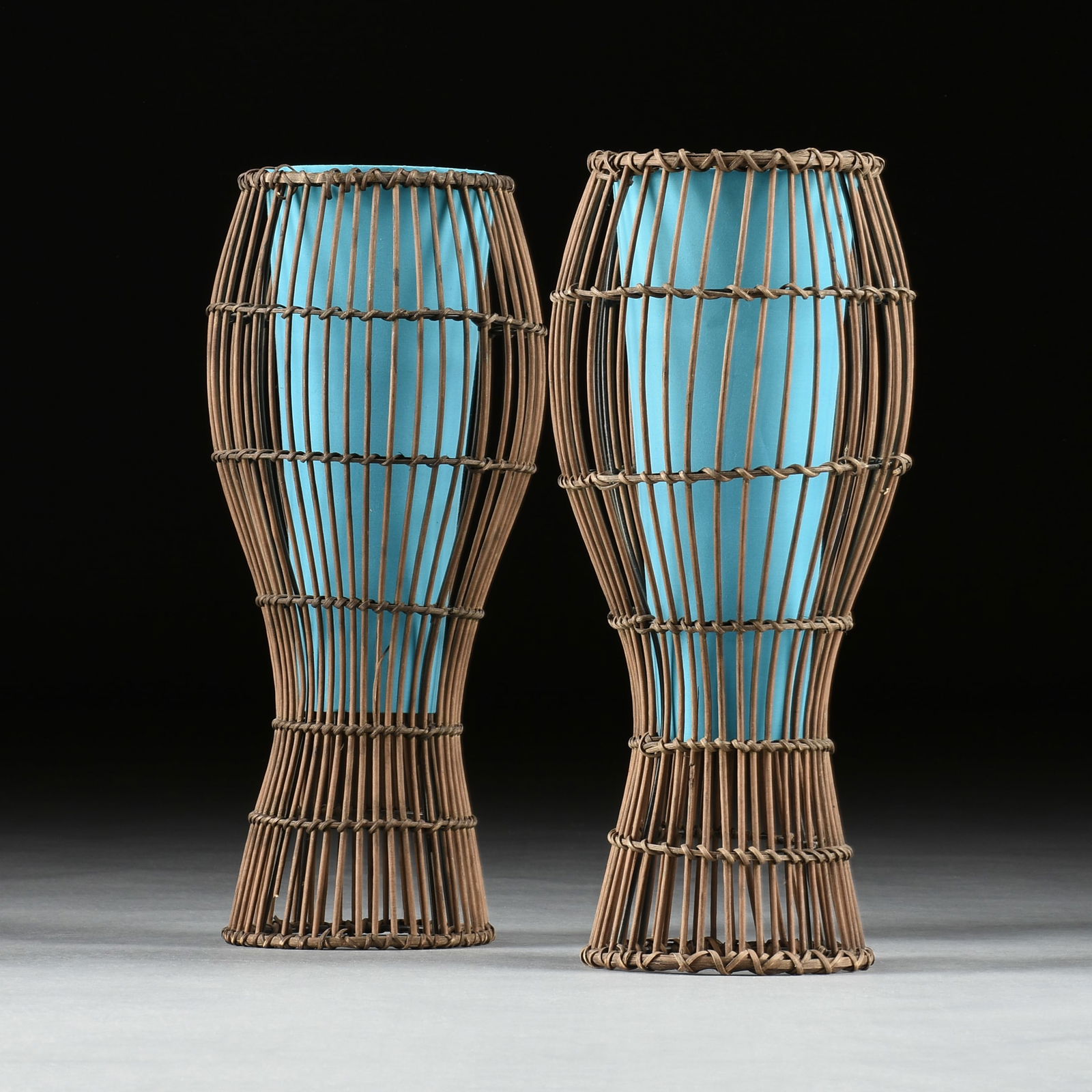 A PAIR OF BAMBOO AND RATTAN BLUE SHADE LANTERN TABLE LAMPS, MODERN (1 of 1)