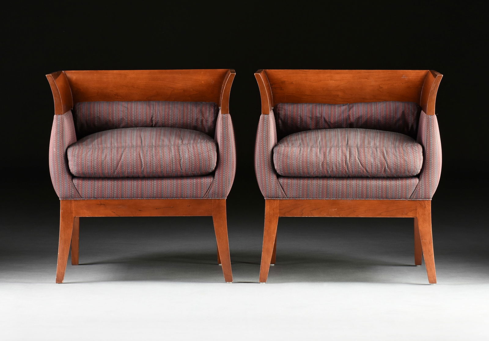 A PAIR OF ORLANDO DIAZ-AZCUY CHALICE CHAIRS FOR HBF, LATE 20TH CENTURY,: A PAIR OF ORLANDO DIAZ-AZCUY CHALICE CHAIRS FOR HBF, LATE 20TH CENTURY, with wide everted tablet form square shaped backs on tapered legs, upholstered with matching bolster pillow. Height: 31" Width: