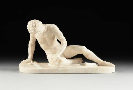 A SCULPTURE, "The Dying Gaul," after THE ANCIENT ROMAN ANTIQUE, EARLY/MID 20TH CENTURY: A SCULPTURE, "The Dying Gaul," after THE ANCIENT ROMAN ANTIQUE, EARLY/MID 20TH CENTURY, carved white alabaster. Height: 9 3/4" Width: 17" Depth: 8" Provenance: Estate of Robert William Guynn, Houston,