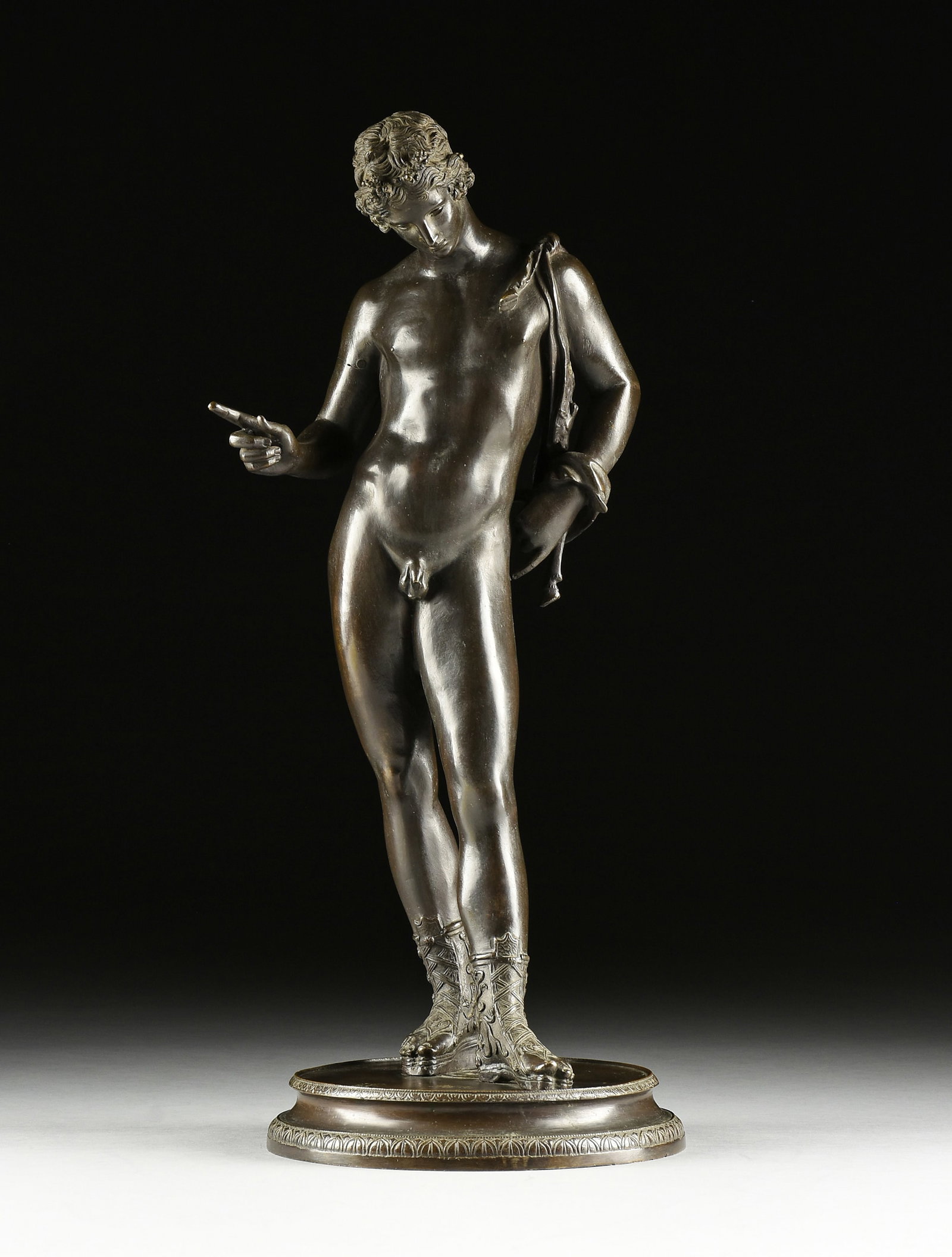 NEOCLASSICAL SCHOOL, A SCULPTURE, "Narcissus Standing," 20TH CENTURY: NEOCLASSICAL SCHOOL, A SCULPTURE, "Narcissus Standing," 20TH CENTURY, bronze with brown patina. Height: 24 3/4" Width: 11" Depth: 10"