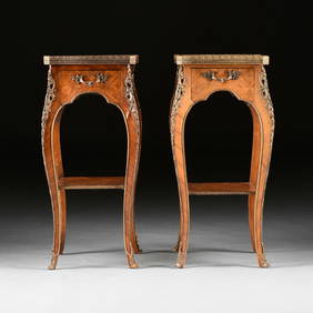 A PAIR OF TRANSITIONAL LOUIS XV/XVI STYLE PARQUETRY INLAID ROSEWOOD ORMOLU MOUNTED WORK TABLES, PROB (1 of 15)