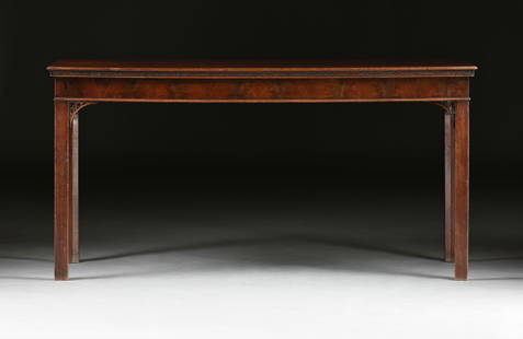 A CHINESE CHIPPENDALE MAHOGANY CONSOLE TABLE, ENGLISH, EARLY 19TH CENTURY: A CHINESE CHIPPENDALE MAHOGANY CONSOLE TABLE, ENGLISH, EARLY 19TH CENTURY, the rectangular top with molded edge over a wide frieze skirt with cockbead molding, raised on square legs with chamfered int
