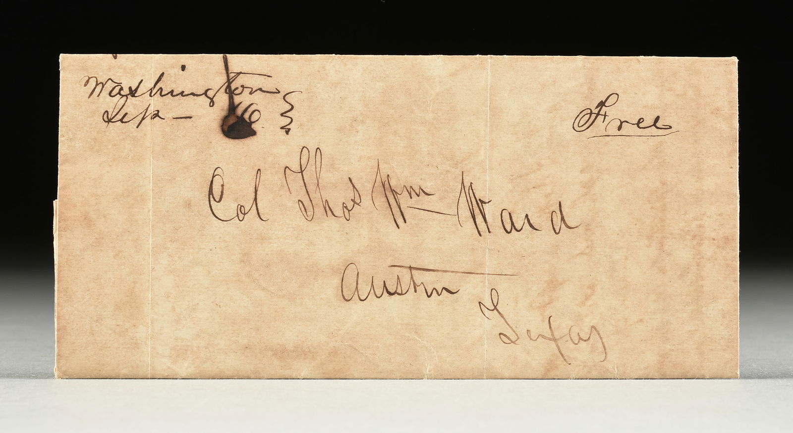 A REPUBLIC OF TEXAS MANUSCRIPT, "BLACK VOMIT" LETTER TO COLONEL THOMAS WILLIAM WARD FROM JONATHAN HU: A REPUBLIC OF TEXAS MANUSCRIPT, "BLACK VOMIT" LETTER TO COLONEL THOMAS WILLIAM WARD FROM JONATHAN HULL, HOUSTON, AUSTIN AND WASHINGTON, SEPTEMBER 12-16, 1844, hand inscribed ink on paper with a red wa
