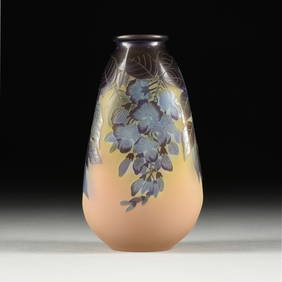 A GALLÉ CAMEO-CUT FRENCH ART NOUVEAU AMETHYST OVER CITRON ART GLASS VASE, WISTERIA AND LEAVES, (1 of 7)