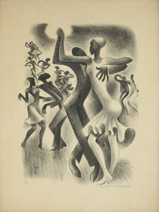 MIGUEL COVARRUBIAS (Mexican/American 1904-1957) A PRINT, "Lindy Hop," SIGNED, 1936: MIGUEL COVARRUBIAS (Mexican/American 1904-1957) A PRINT, "Lindy Hop," SIGNED, 1936, lithograph on wove paper laid down on board, signed L/R, "Covarrubias," and numbered L/L, "3/15," and inscribed, "Fo