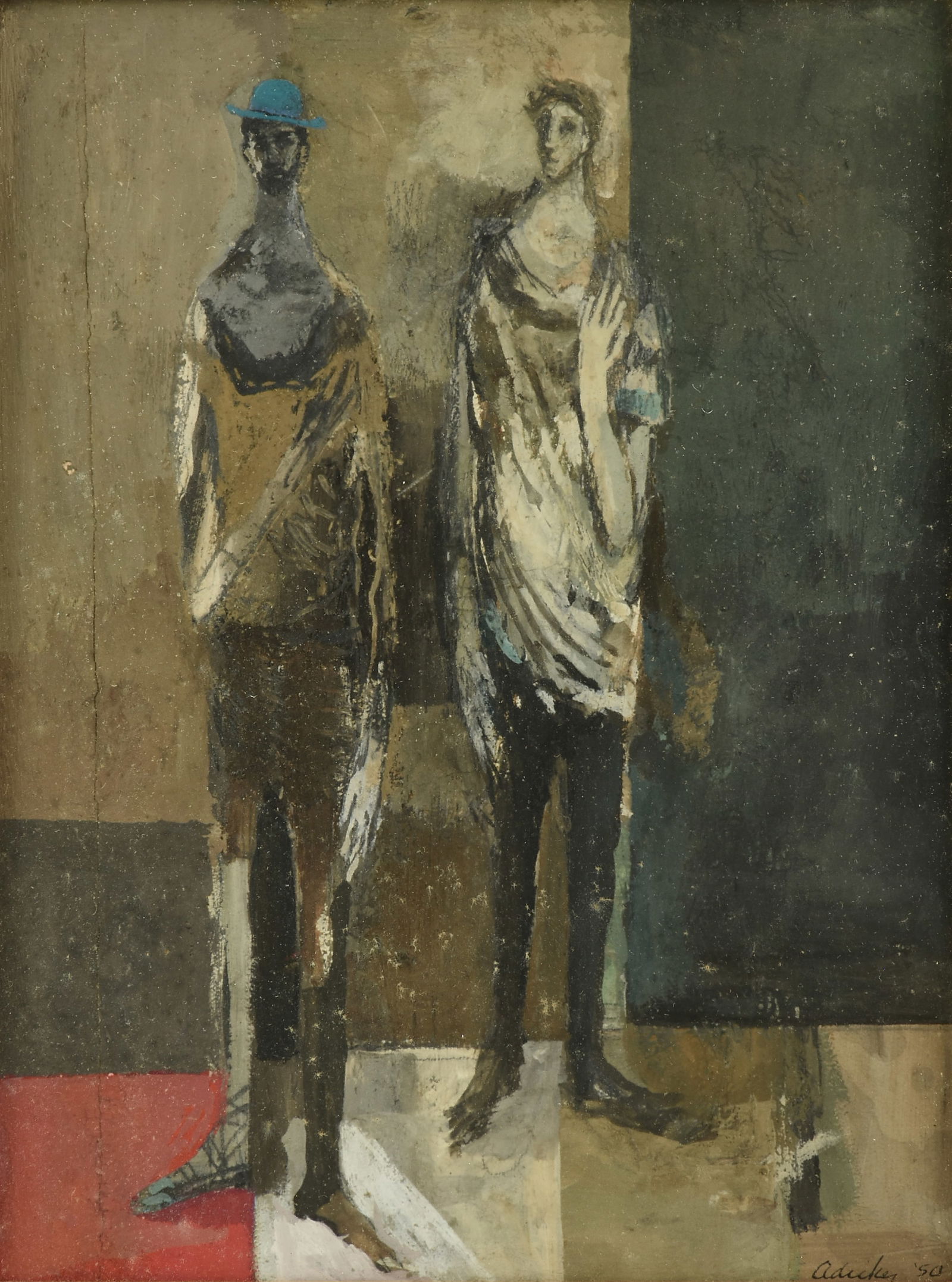 DAVID ADICKES (American/Texas b. 1927) A PAINTING, "Two Figures in Geometric Landscape," 1950: DAVID ADICKES (American/Texas b. 1927) A PAINTING, "Two Figures in Geometric Landscape," 1950, watercolor and mixed media on paper, signed and dated L/R, "Adickes '50;" 9" x 12", framed 16 3/4" x 14 3