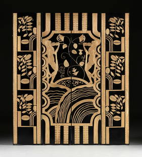 AN ART DECO REVIVAL GILT INTAGLIO CARVED BLACK LACQUER DRESSING SCREEN, CHINESE, LATE 20TH CENTURY: AN ART DECO REVIVAL GILT INTAGLIO CARVED BLACK LACQUER DRESSING SCREEN, CHINESE, LATE 20TH CENTURY, after the designs of Paul Fehér (Hungarian 1898-1990), the black lacquer with gilt intaglio carved