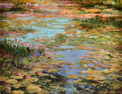 THOMAS DE DECKER (American b. 1951) A PAINTING, "Lilies and Flowers - Artist's Pond," 2023: THOMAS DE DECKER (American b. 1951) A PAINTING, "Lilies and Flowers - Artist's Pond," 2023, oil on board, signed L/R, "Thomas de Decker," titled, signed, and dated on reverse, "Lilies & Flowers - Arti