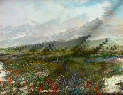 THOMAS DE DECKER (American b. 1951) A PAINTING, "Mountain Valley," 2023: THOMAS DE DECKER (American b. 1951) A PAINTING, "Mountain Valley," 2023, oil on panel, signed L/L, "Thomas de Decker," titled, dated, and signed on reverse, "Mountain Valley / 2023 / by / Thomas de De