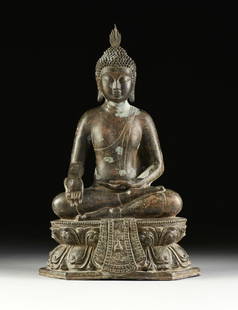 A CHINESE BRONZE BUDDHA, XUANDE MARK, MING DYNASTY (1368-1644), EARLY 15TH CENTURY: A CHINESE BRONZE BUDDHA, XUANDE MARK, MING DYNASTY (1368-1644), EARLY 15TH CENTURY, cast bronze, with a relief four-character seal mark at the back, a flaming finial tops a domed curled hair over a se