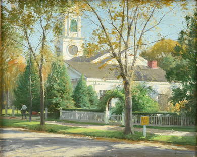 OGDEN MINTON PLEISSNER (American 1905-1983) A PAINTING, "The Old Lyme Church," 20TH CENTURY: OGDEN MINTON PLEISSNER (American 1905-1983) A PAINTING, "The Old Lyme Church," 20TH CENTURY, oil on canvas, signed L/R, "Pleissner," titled and signed on the stretcher, "The Old Lyme Church Ogden Plei