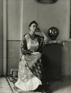 MANUEL ALVAREZ BRAVO (Mexican 1902-2002) A PHOTOGRAPH, "Frida Kahlo," 1930s: MANUEL ALVAREZ BRAVO (Mexican 1902-2002) A PHOTOGRAPH, "Frida Kahlo," 1930s, gelatin silver print, signed on the reverse and inscribed, "Mexico," a later printing; 9 1/2" x 7 1/2", framed 20 1/4" x 16