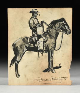 Attributed to FREDERIC REMINGTON (American 1861-1909), A DRAWING, "Cowboy on Horseback," 1894: Attributed to FREDERIC REMINGTON (American 1861-1909), A DRAWING, "Cowboy on Horseback," 1894, charcoal with white heightening on paper, signed L/R, "Frederic Remington." 7 1/4" x 6" Note: This drawin