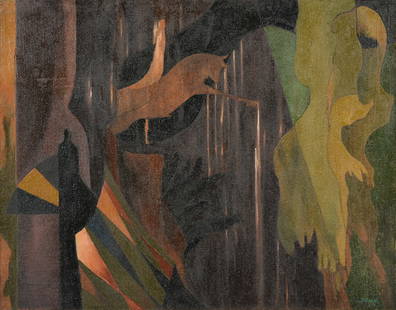 DOROTHY HOOD (American/Texas 1919-2000) A PAINTING, "The Jungle (Untitled)," 1950s: DOROTHY HOOD (American/Texas 1919-2000) A PAINTING, "The Jungle (Untitled)," 1950s, oil on canvas, signed L/R, "D. Hood;" 35 1/2" x 45 1/2", framed 37" x 47". Provenance: Private Collection, McKinney,