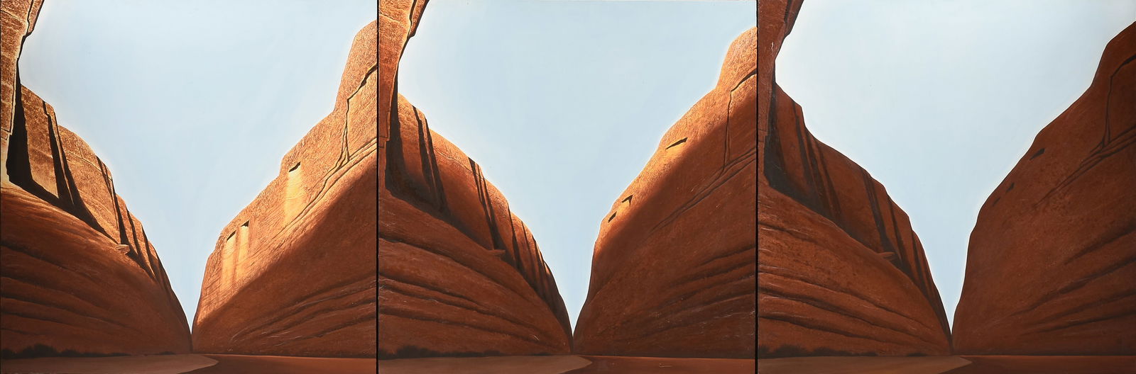 WOODY GWYN (American b. 1944) A PAINTING, "Red Rock Triptych (Untitled),": WOODY GWYN (American b. 1944) A PAINTING, "Red Rock Triptych (Untitled)," oil on masonite; 40" x 199 3/4", framed 41 1/2" x 121 1/2".
