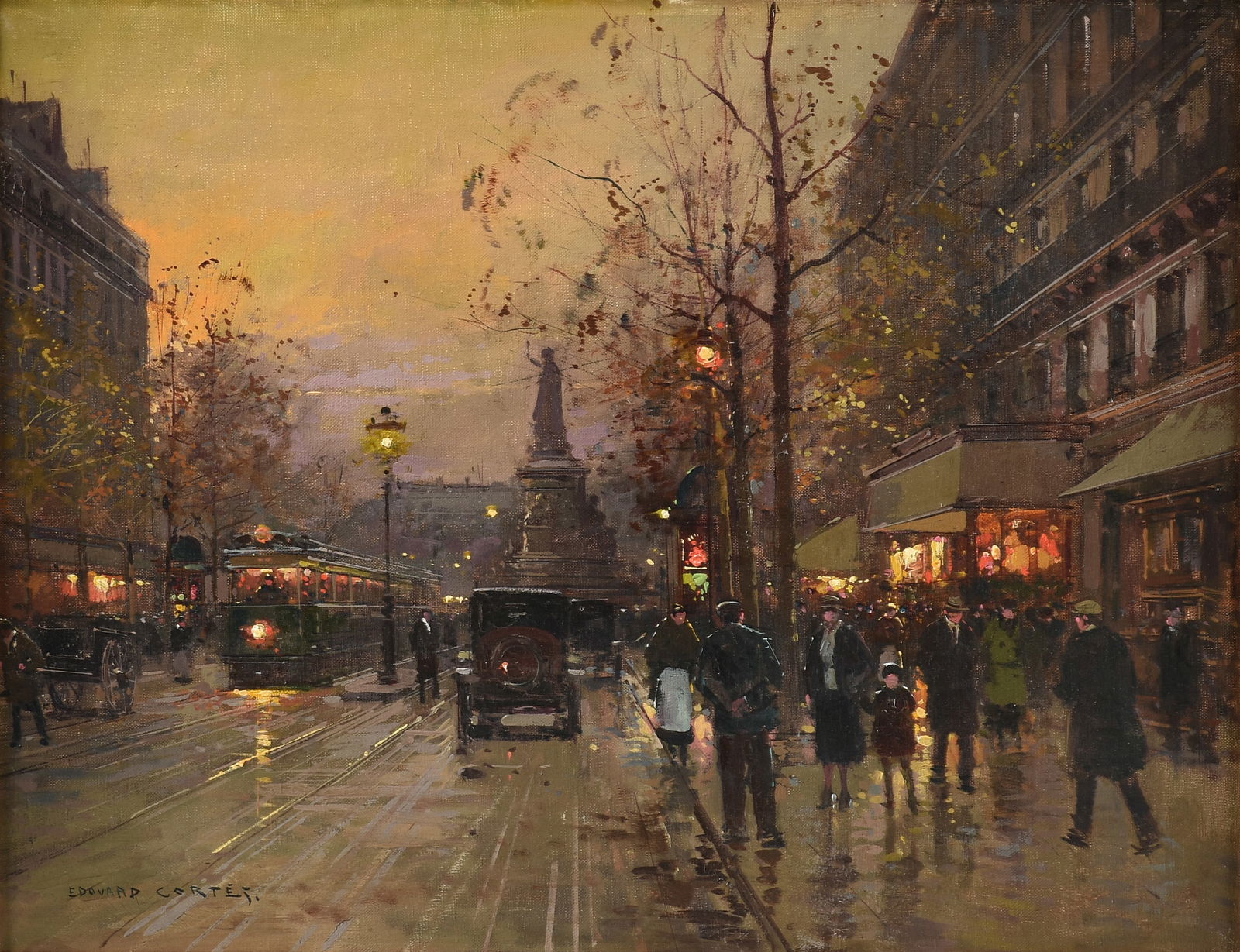 ÉDOUARD CORTÈS (French 1882-1969) A PAINTING, "Place de la Republique," CIRCA 1925: ÉDOUARD CORTÈS (French 1882-1969) A PAINTING, "Place de la Republique," CIRCA 1925, oil on canvas, signed L/L, "Edouard Cortes;" 20" x 25 3/4", framed 29" x 35". Note: This piece is included in the