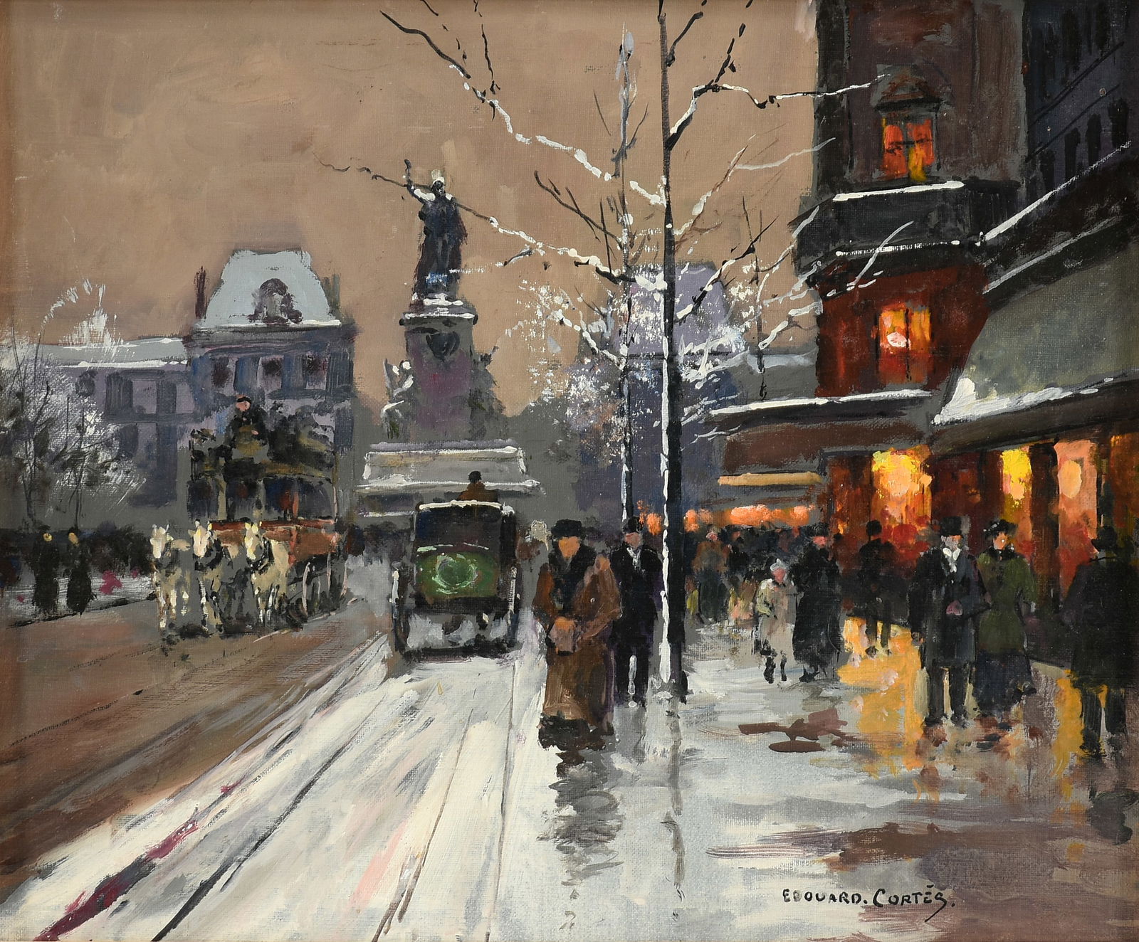 ÉDOUARD CORTÈS (French 1882-1969) A PAINTING, "Place de la Republic en la Neige,": EDOUARD CORTES (French 1882-1969) A PAINTING, "Place de la Republic en la Neige," CIRCA 1950-1955, oil on canvas, signed L/R, "Edouard Cortes;" 15" x 18", framed 27 1/2" x 30 1/2". 15x18" Notes: This