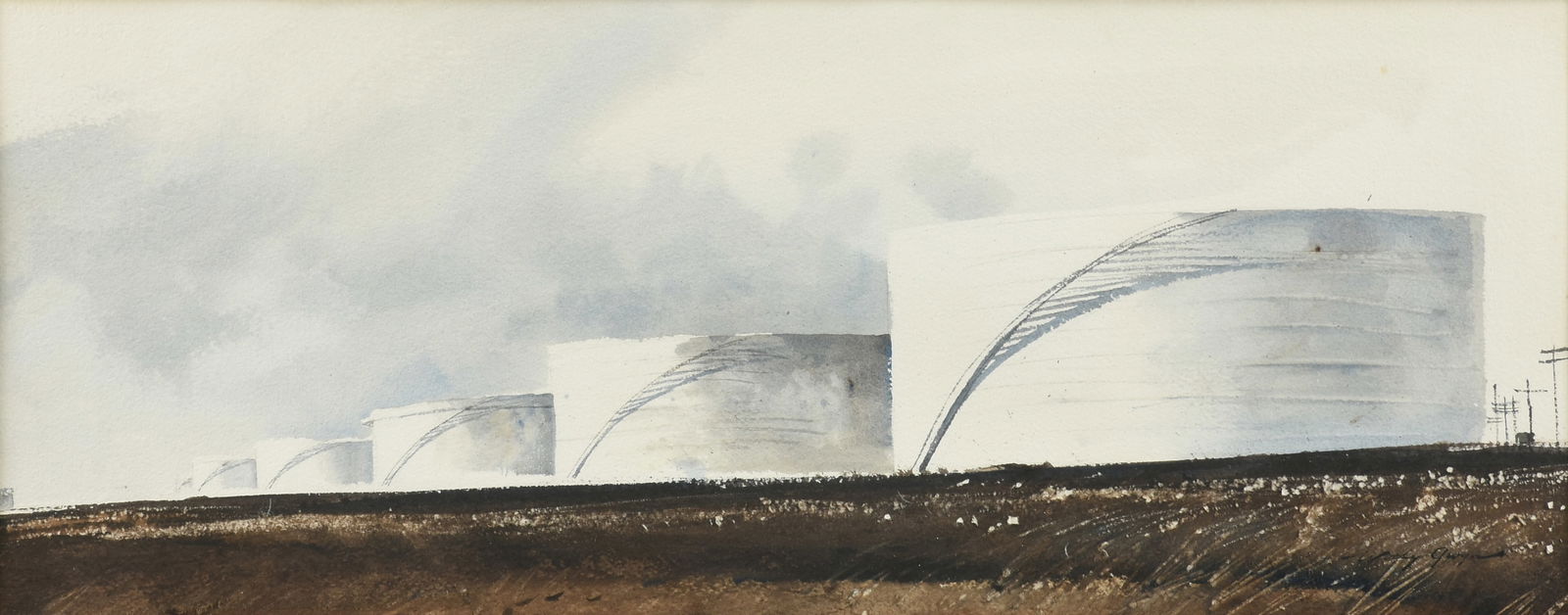 WOODY GWYN (American/Texas b. 1944) A PAINTING, "Oil Depot," 20TH CENTURY: WOODY GWYN (American/Texas b. 1944) A PAINTING, "Oil Depot," 20TH CENTURY, watercolor on paper, signed L/R, "Woody Gwyn," with two paper labels on reverse backing from Long & Company, Houston, Texas;