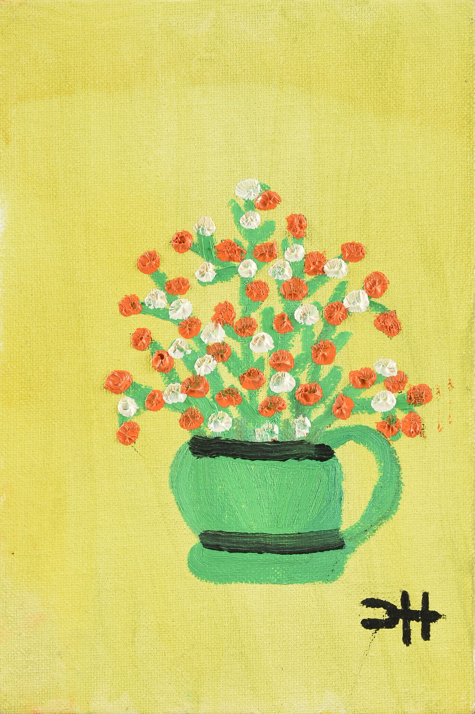 CLEMENTINE HUNTER (American/Louisiana 1887-1987) A PAINTING, "Orange and White Flowerbuds in a Pot," (1 of 3)