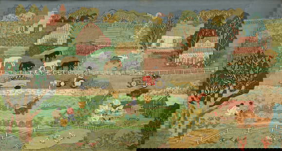 MARTHA MOOD (American 1908-1972) A WALL HANGING, "Farm Life in Landscape," 1950s-1970s: MARTHA MOOD (American 1908-1972) A WALL HANGING, "Farm Life in Landscape," 1950s-1970s, hand stitched fabric and yarn, signed in stitch L/L, "Martha Mood;" 35" x 64 1/2", framed 39" x 69". Provenance: