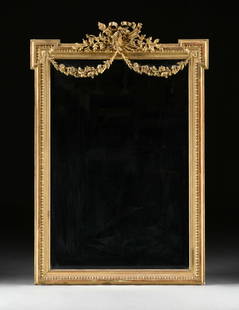 A NAPOLEON III LOUIS XVI REVIVAL GILTWOOD WALL MIRROR, FRENCH, MID 19TH CENTURY: A NAPOLEON III LOUIS XVI REVIVAL GILTWOOD WALL MIRROR, FRENCH, MID 19TH CENTURY, carved gesso and giltwood having a "War and Peace" crest comprised of high relief crossed quiver and arrows, recurve ar