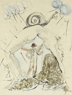 SALVADOR DALI (Spanish 1904-1989) A PRINT, "Nu a l'Escargot," 1968: SALVADOR DALI (Spanish 1904-1989) A PRINT, "Nu a l'Escargot," 1968, etching with drypoint and hand-coloring on Japon nacr&#233; paper, signed and dated in pencil L/R, "Dali / 68," with the embossed si