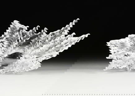 A LALIQUE "CHAMPS ÉLYSÉES" CRYSTAL CENTER BOWL, SIGNED, FRENCH, 1945-1960: A LALIQUE "CHAMPS ÉLYSÉES" CRYSTAL CENTER BOWL, SIGNED, FRENCH, 1945-1960, in traditional pattern with burnished highlights on frosted leaves, bottom engraved signature "Lalique France." Hei