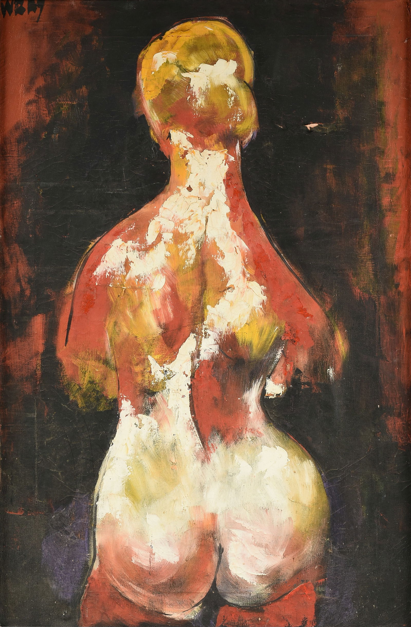 DICK WRAY (American/Texas 1933-2011) A PAINTING, "Standing Nude Figure," 20TH CENTURY: DICK WRAY (American/Texas 1933-2011) A PAINTING, "Standing Nude Figure," 20TH CENTURY, oil on canvas, signed U/L, "WRAY," remains of an old gallery label on stretcher; 24" x 15 3/4", framed 26 1/4" x