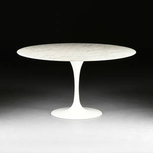 EERO SAARINEN DINING TABLE, DESIGNED FOR KNOLL FURNITURE, LATE 20TH CENTURY: EERO SAARINEN DINING TABLE, DESIGNED FOR KNOLL FURNITURE, LATE 20TH CENTURY, a circular gray veined white polished coated marble top on a white cast aluminum pedestal. Height: 29 1/2" Diameter: 54" No