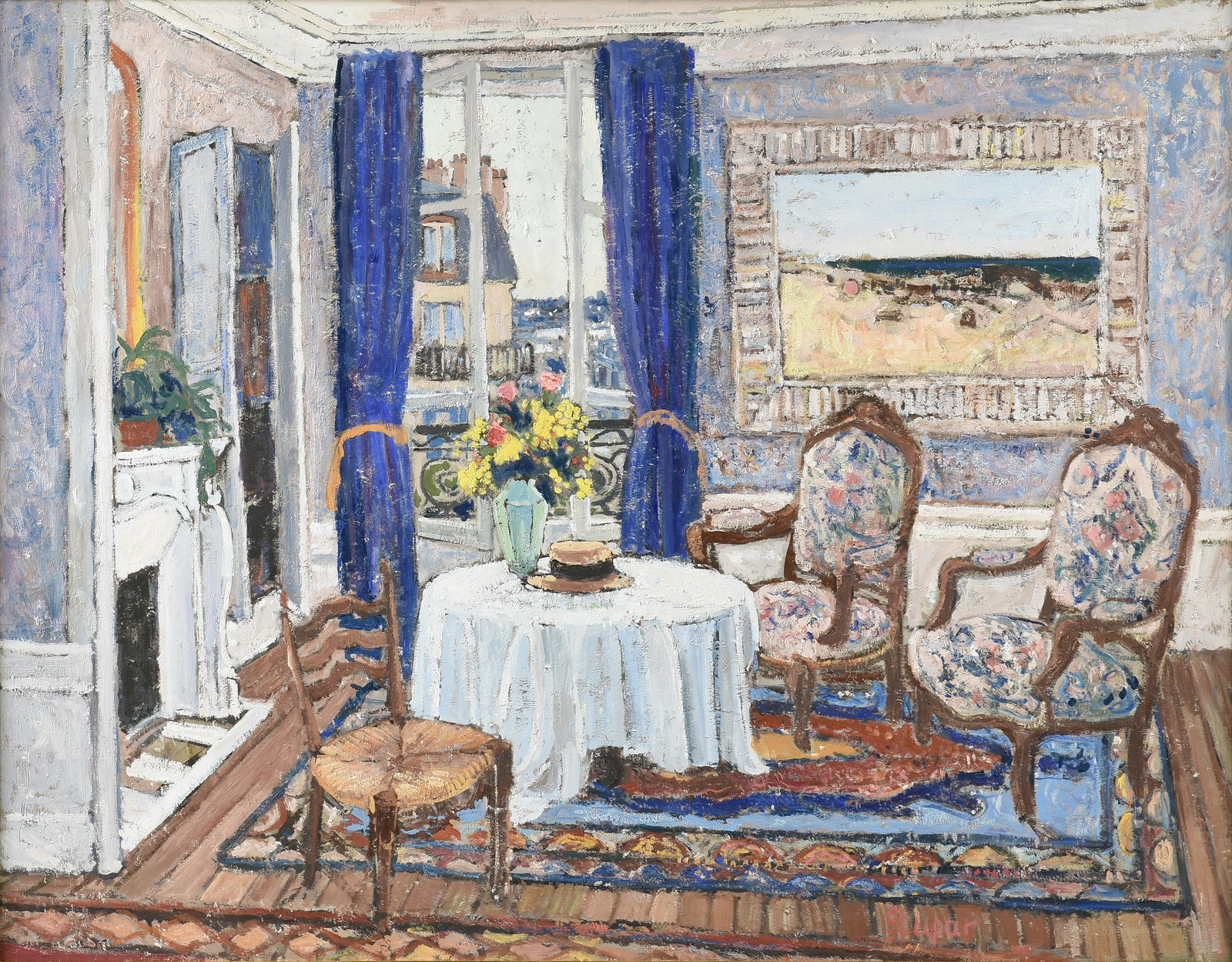 MARKO STUPAR (Serbian/French 1936-2021) A PAINTING, "Blue Room Interior with Yellow Flowers," LATE 2 (1 of 16)