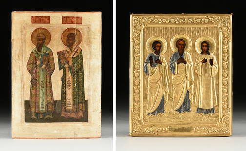 TWO RUSSIAN ICONS, TWO KOVCHEG APOSTLES AND THREE SAINTS WITH OKLAD, 19TH/20TH CENTURY: TWO RUSSIAN ICONS, TWO KOVCHEG APOSTLES AND THREE SAINTS WITH OKLAD, 19TH/20TH CENTURY, comprising, "Apostles John and Philip," Moscow, a 19th century, egg tempera on wood, 19th century, 17 1/2" x 12