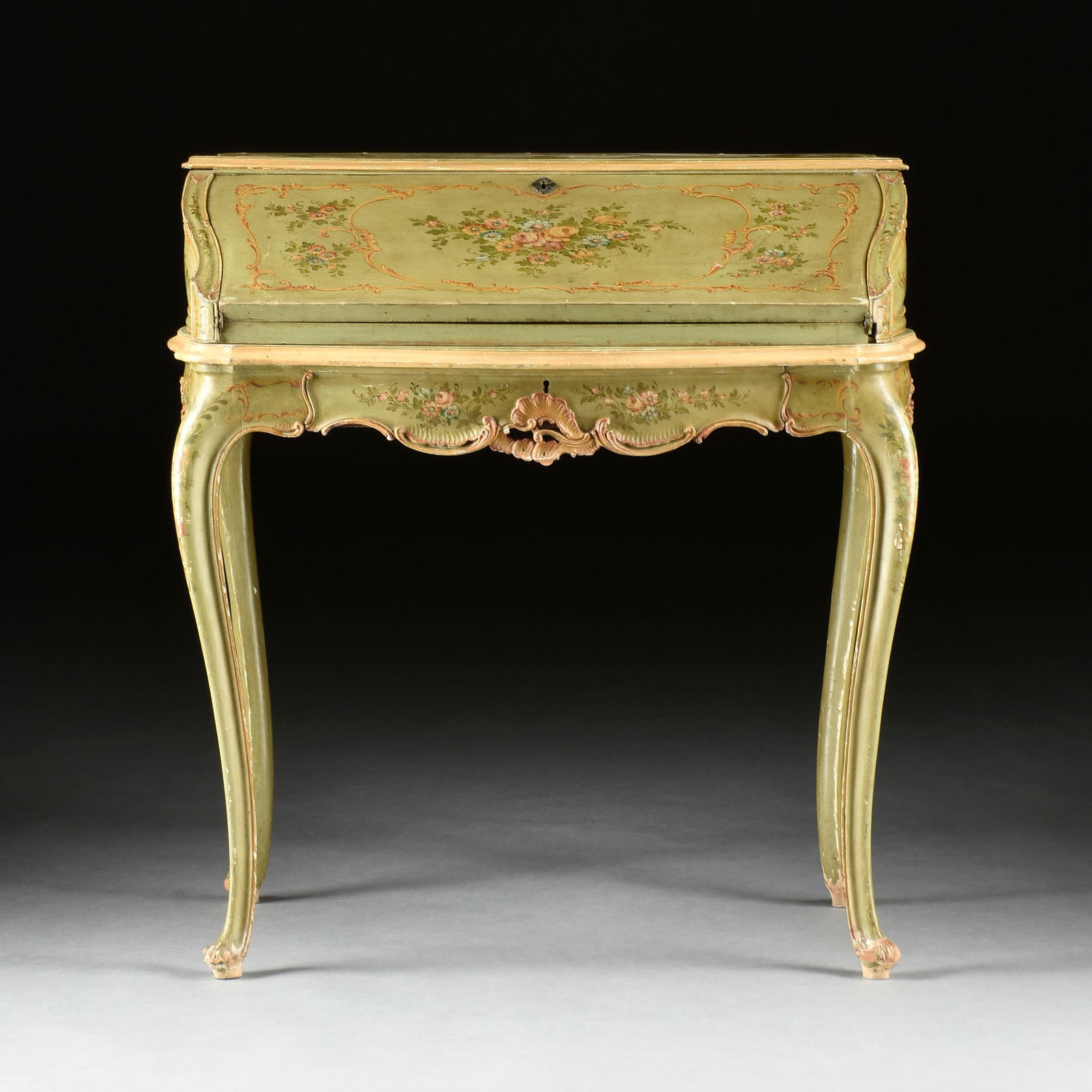 A VENETIAN ROCOCO REVIVAL PAINTED BONHEUR DU JOUR SLANT FRONT WRITING DESK, ITALIAN, 19TH CENTURY (1 of 10)