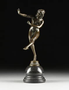 CLAIRE JEANNE ROBERTE COLINET (French 1880-1950) A SCULPTURE, "Female Dancer," 20TH CENTURY: CLAIRE JEANNE ROBERTE COLINET (French 1880-1950) A SCULPTURE, "Female Dancer," 20TH CENTURY, bronze with brown patina, with the cast signature at the base, "CL.JR.COLINET," on a rounded and molded bla