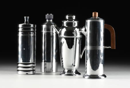 FOUR MODERNIST CHROME-PLATED ALUMINUM COCKTAIL SHAKERS, CHASE AND KEYSTONWARE, AMERICAN, 1930s-1950s: FOUR MODERNIST CHROME-PLATED ALUMINUM COCKTAIL SHAKERS, CHASE AND KEYSTONWARE, AMERICAN, 1930s-1950s, comprising two cylindrical form "Chase U.S.A." examples, one with black bakelite finial cuff and b