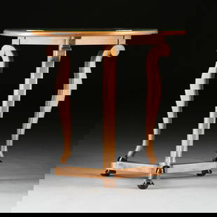 AN AMERICAN ART DECO PERIOD BIEDERMEIER REVIVAL EBONIZED MAPLE SIDE TABLE, ROBERT W. IRWIN, GRAND RA: AN AMERICAN ART DECO PERIOD BIEDERMEIER REVIVAL EBONIZED MAPLE SIDE TABLE, ROBERT W. IRWIN, GRAND RAPIDS, 1934, the circular top is supported by three restrained cabriole legs ending with black lacque