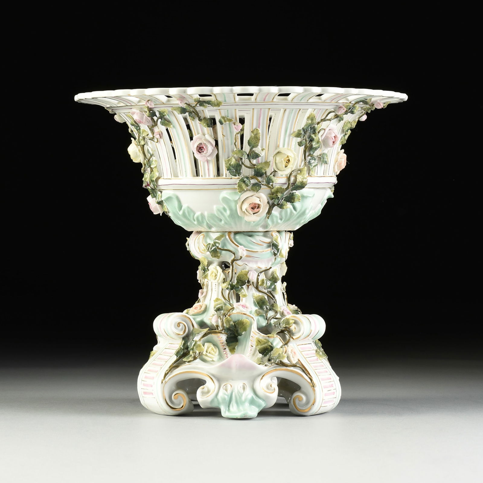 A DRESDEN STYLE ROCOCO REVIVAL PARCEL GILT PAINTED RETICULATED PORCELAIN URN COMPOTE CENTERPIECE, (1 of 8)