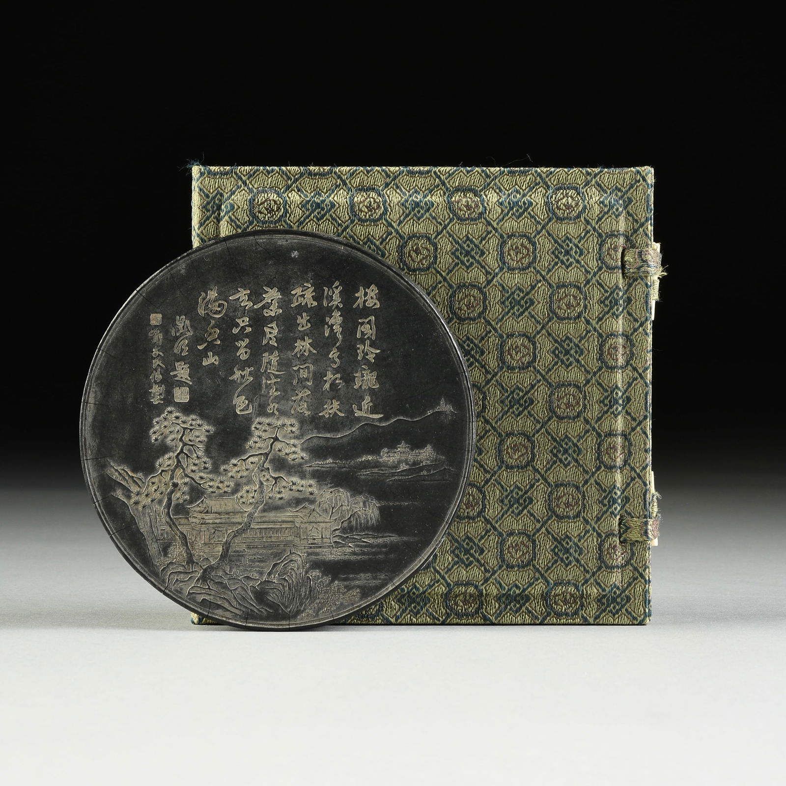 A CHINESE INK CAKE, PALACE IN LANDSCAPE AND CALLIGRAPHY POEM, QING DYNASTY (1644-1912), DAOGUANG (1 of 5)