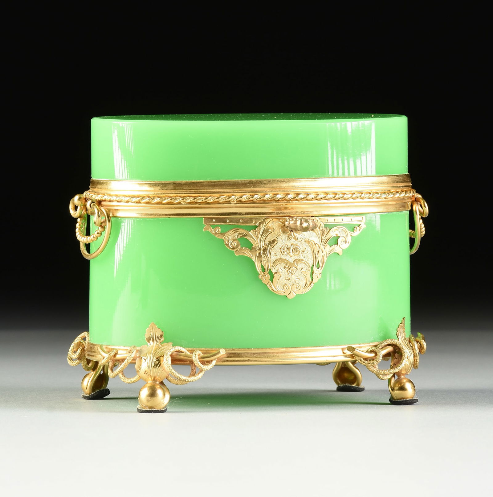 AN AESTHETIC PERIOD GREEN OPALINE GLASS ORMOLU MOUNTED PERFUME CASKET DRESSER BOX, FRENCH, (1 of 5)