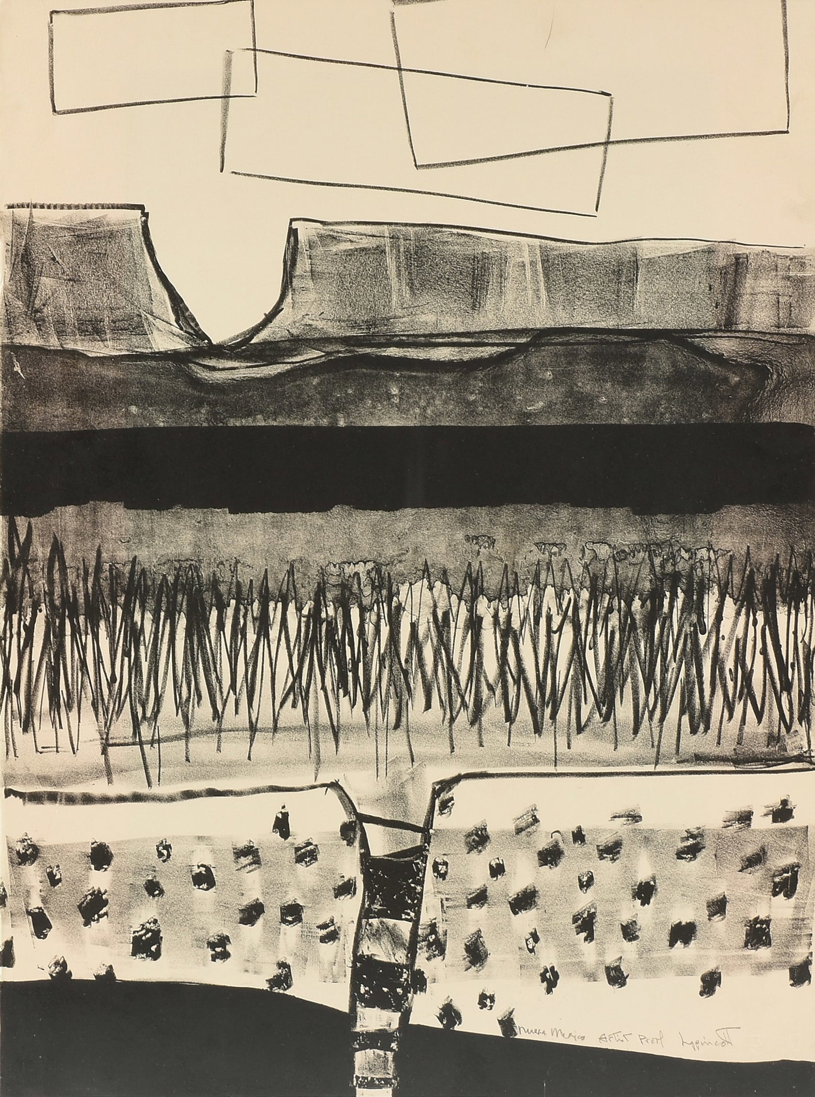 JANET LIPPINCOTT (American 1918-2007) A PRINT, "New Mexico," 1973,: JANET LIPPINCOTT (American 1918-2007) A PRINT, "New Mexico," 1973, lithograph on paper, signed L/R, "Lippincott," and marked, "Neuva Mexico Artist Proof," aside from the numbered edition of 20, with t