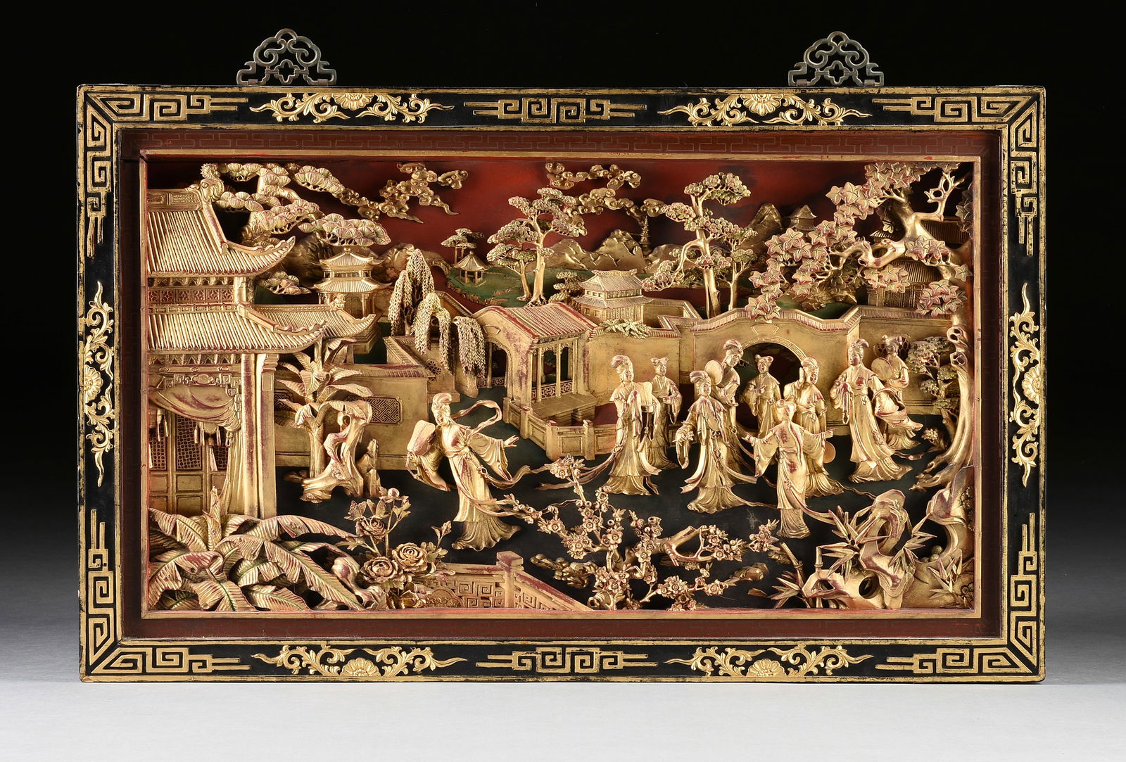 A CHINESE GILT WOOD AND LACQUER RELIEF PLAQUE, SEVEN BEAUTIES, LAST HALF 20TH CENTURY, (1 of 12)
