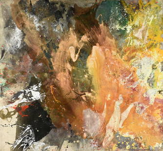 CORA COHEN (American 1943-2023) A PAINTING, "In the Sound of the Wind," 1995,: CORA COHEN (American 1943-2023) A PAINTING, "In the Sound of the Wind," 1995, copper, enamel, marble dust, polyurethane, and spray enamel on linen, signed and dated on reverse U/L, "Cora Cohen 1995,"