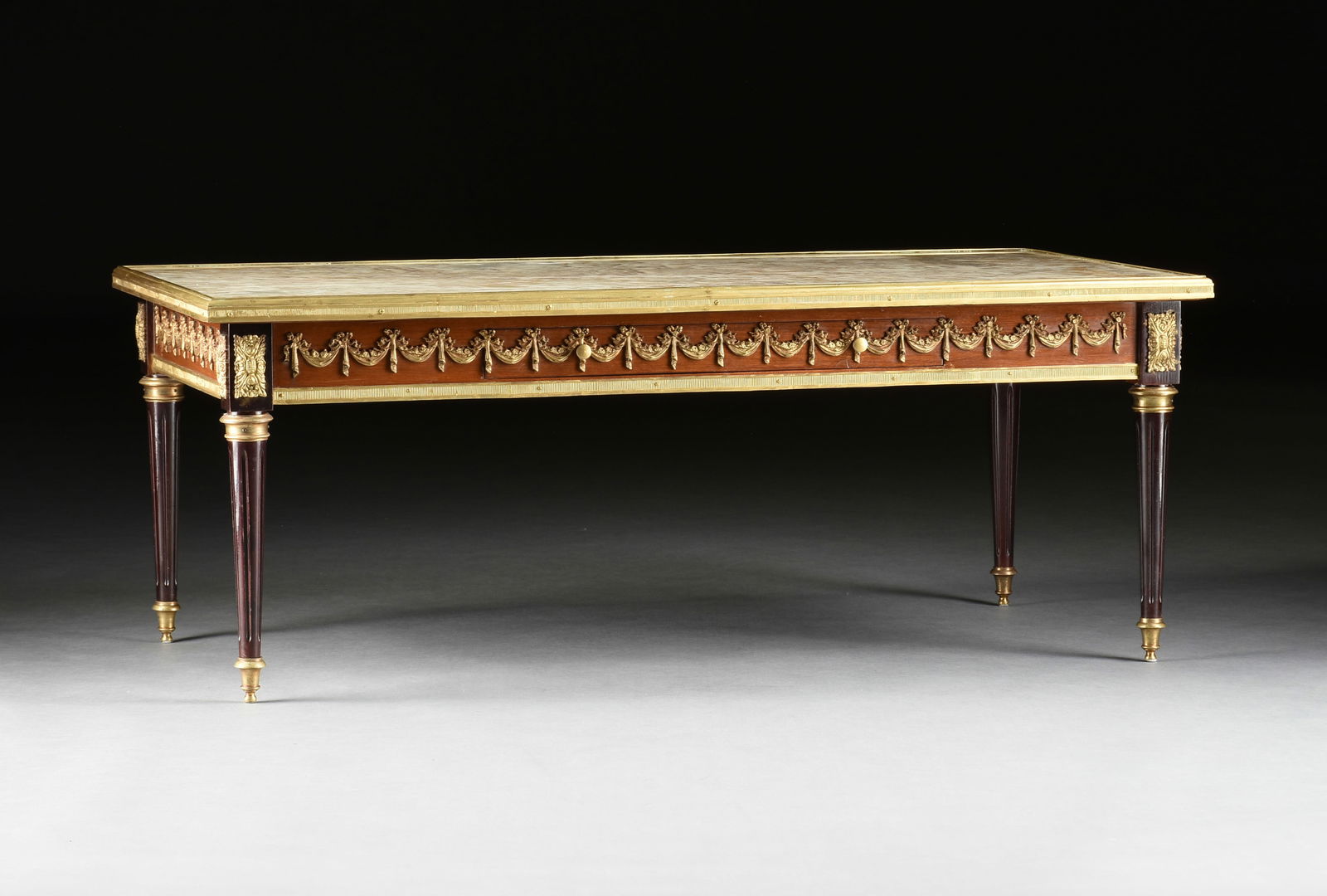 A LOUIS XVI REVIVAL GILT BRONZE ORMOLU MOUNTED BRECHE VIOLETTE MARBLE TOP COFFEE TABLE, PROBABLY (1 of 8)