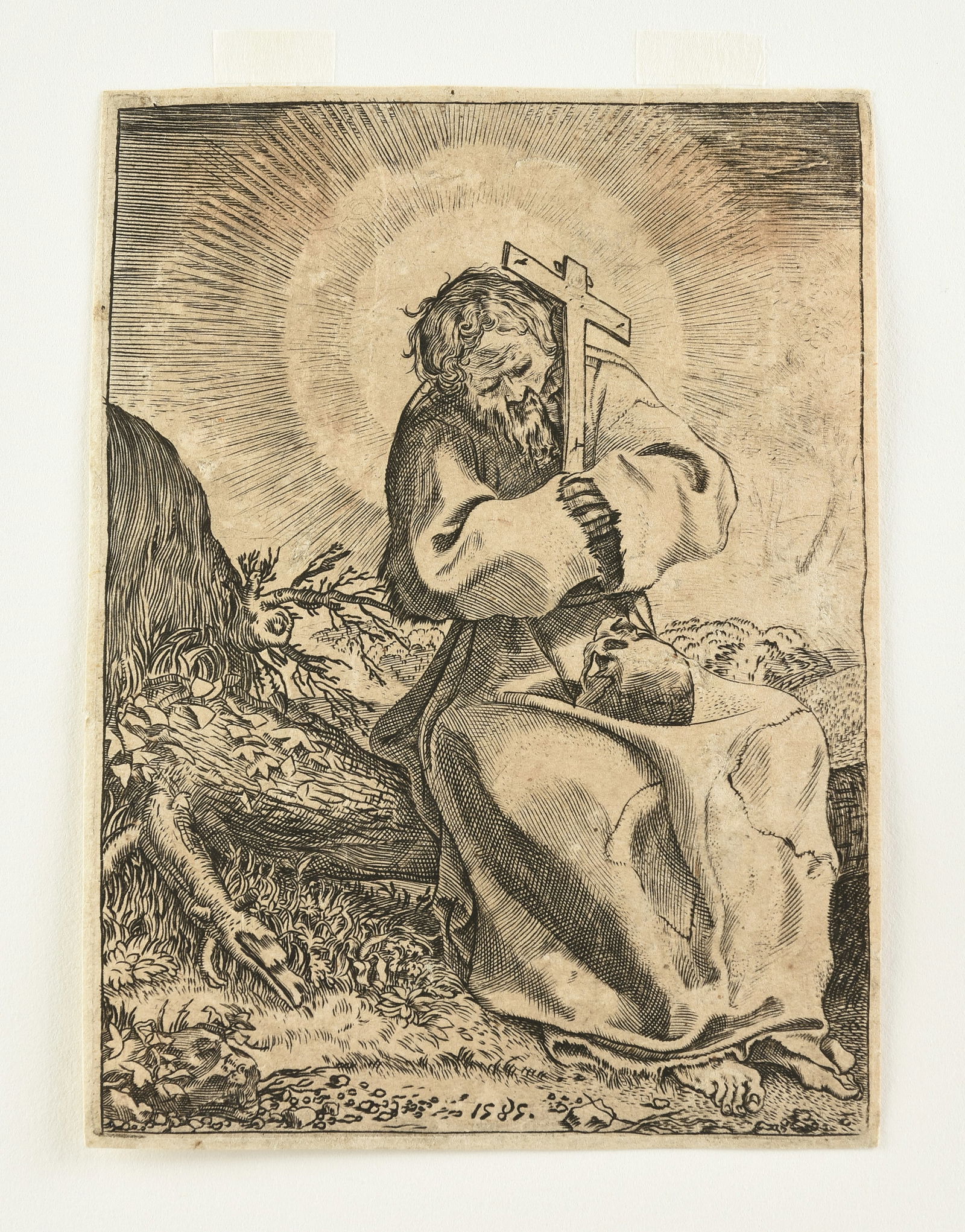 ANNIBALE CARRACCI (Italian 1560-1609) A PRINT, "Saint Francis of Assisi," 1585,: ANNIBALE CARRACCI (Italian 1560-1609) A PRINT, "Saint Francis of Assisi," 1585, engraving on laid paper; 5 1/2" x 4", framed 14 3/4" x 11 3/4". Provenance: Reverend Edward Bader, Houston, Texas; THE P