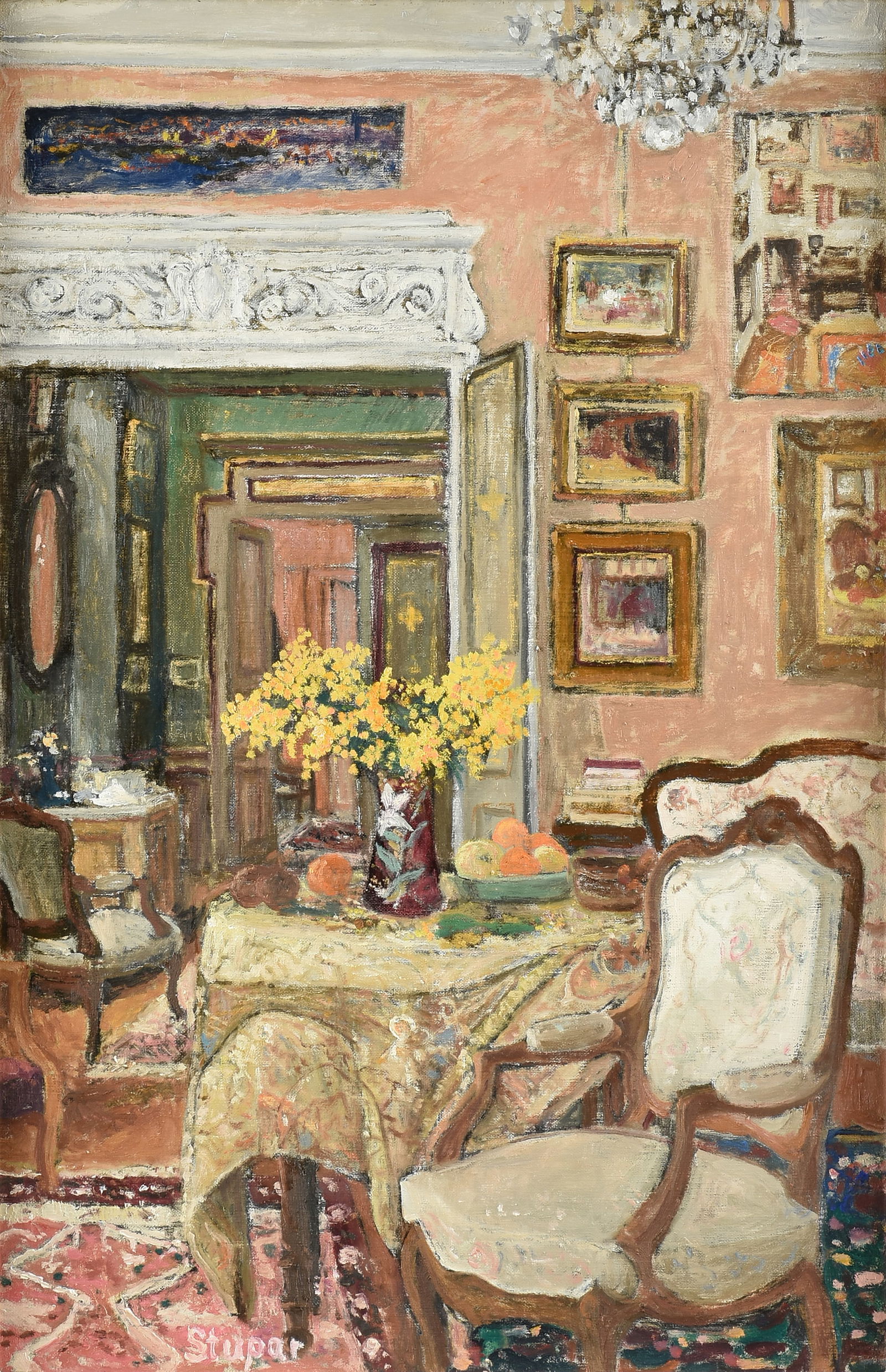 MARKO STUPAR (Serbian/French 1936-2021) A PAINTING, "Interieur Au Momsa," 21ST CENTURY,: MARKO STUPAR (Serbian/French 1936-2021) A PAINTING, "Interieur Au Momsa," 21ST CENTURY, oil on canvas, signed L/C, "Stupar;" 36" x 24", framed 44" x 31 1/2". Provenance: Property of a Corporate Collec