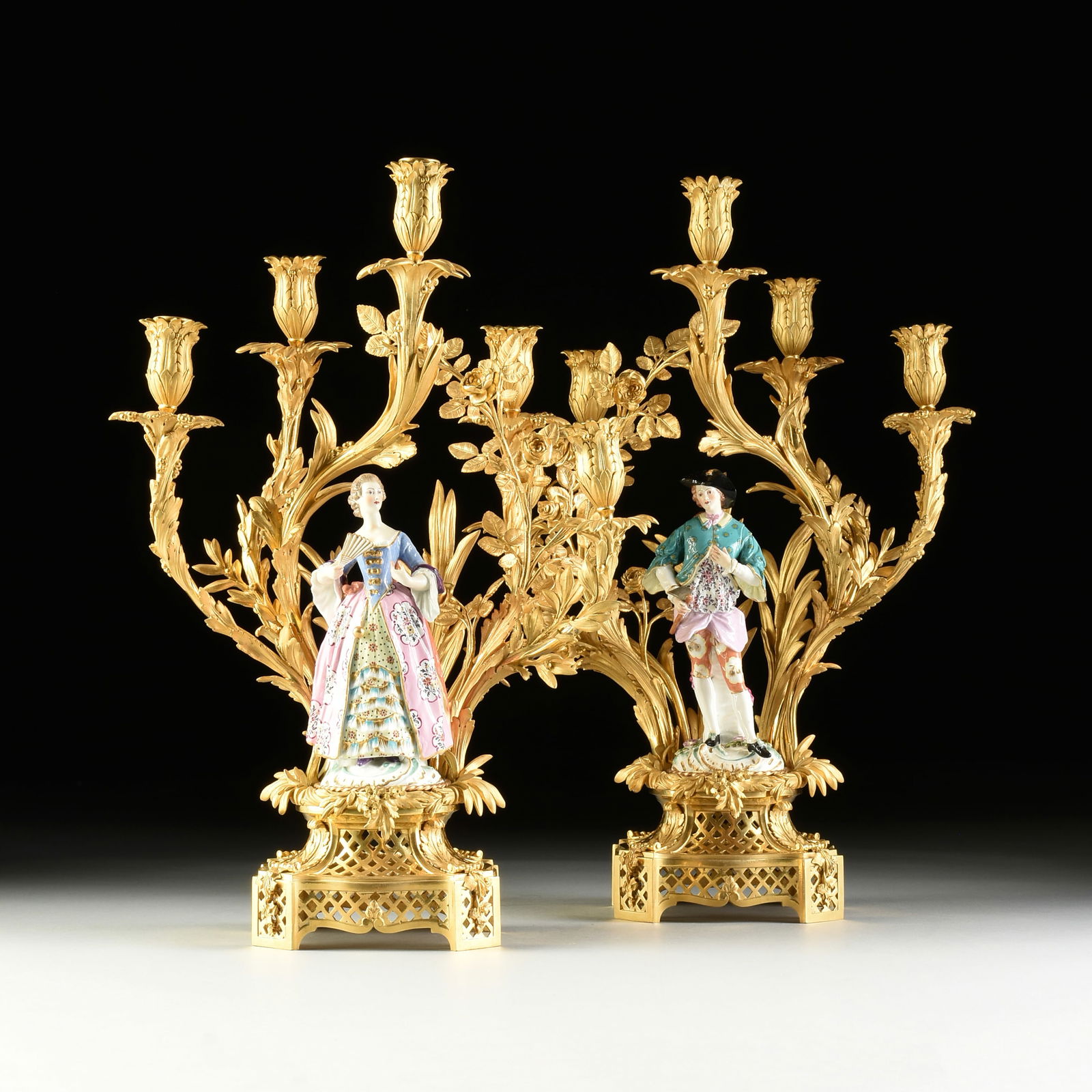 A PAIR OF LOUIS XV STYLE ROCOCO REVIVAL BRONZE DORÉ PORCELAIN FIGURE MOUNTED FIVE-LIGHT (1 of 17)