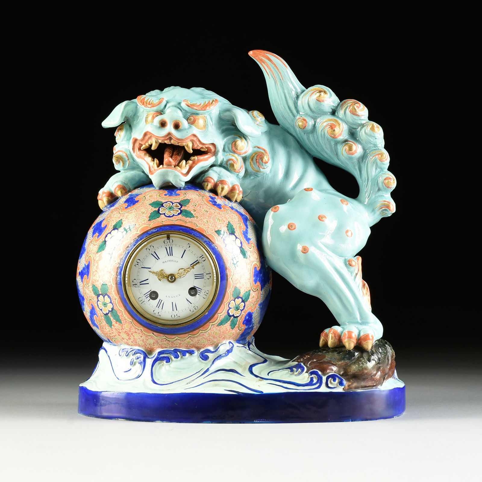 A FRENCH CHINOISERIE FAIENCE FOO LION CLOCK, MAJORELLE WITH JAPY FRÈRES CLOCKWORKS, NANCY, (1 of 12)