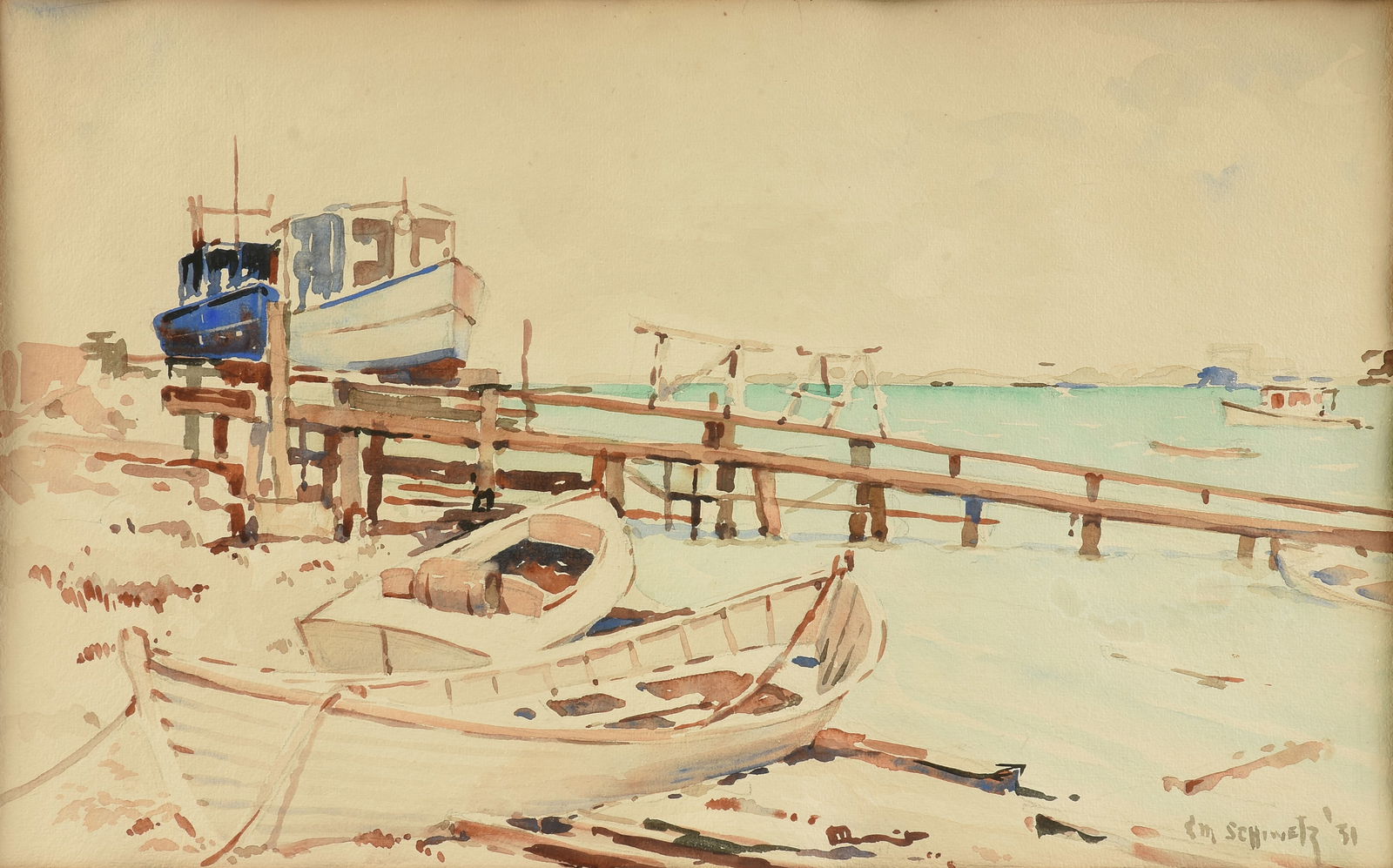 EDWARD MUEGGE "BUCK" SCHIWETZ (American 1898-1984) A PAINTING, "Boats Ashore," 1931, (1 of 13)