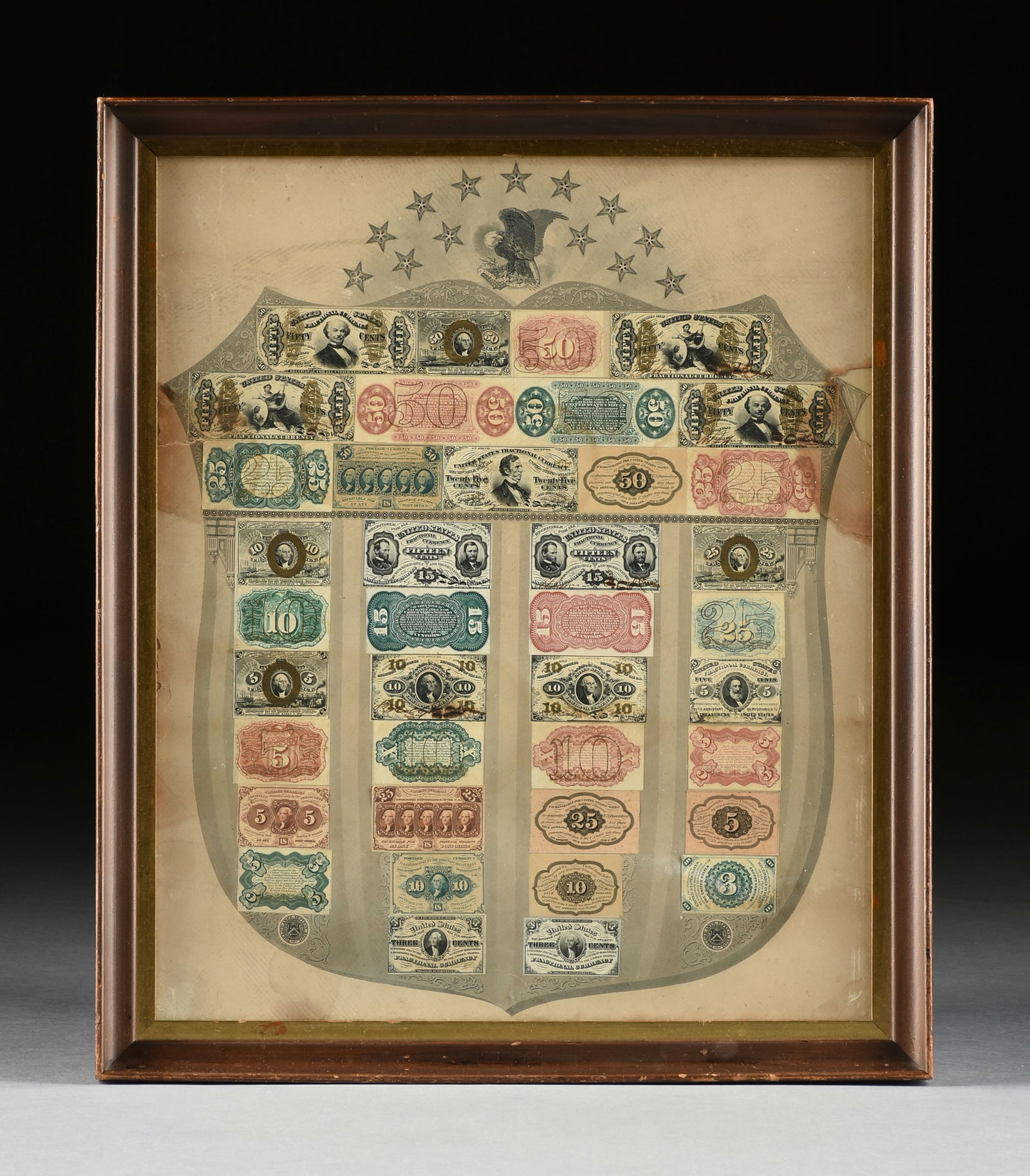AN AMERICAN CIVIL WARTIME FRACTIONAL CURRENCY SHIELD, SIGNED BY U.S. TREASURER F.E. SPINNER AND (1 of 11)